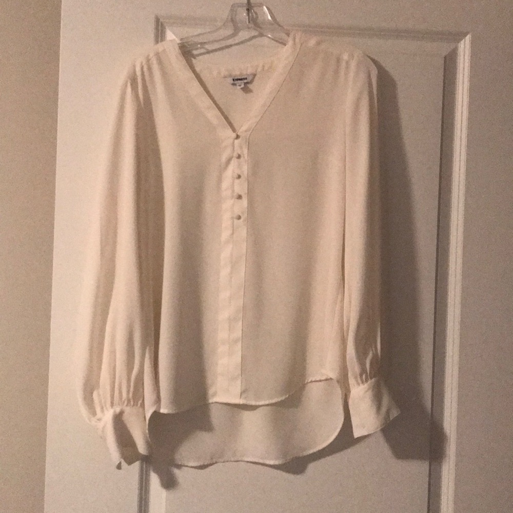 EXPRESS White button blouse with bubble sleeves
